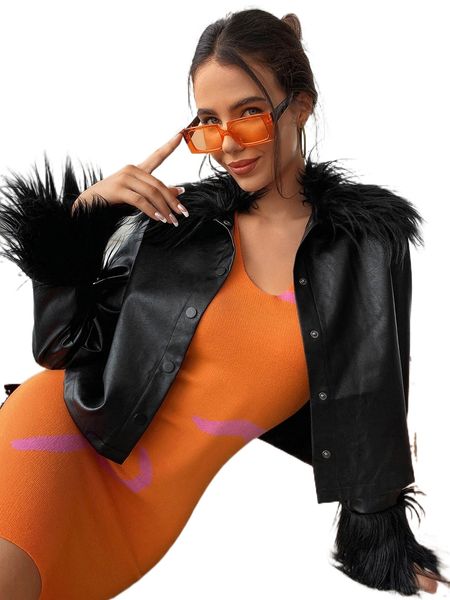 

fuzzy trim pu leather jacket w2ia#, Black;brown