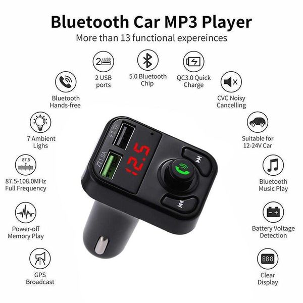 Carregadores Bluetooth 5.0 Transmissor FM para carro Adaptador de rádio Bluetooth sem fio Reprodutor de músicas