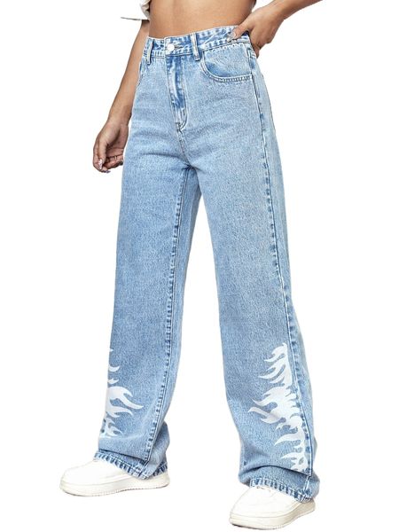 

fire print wide leg jeans m6de#, Blue