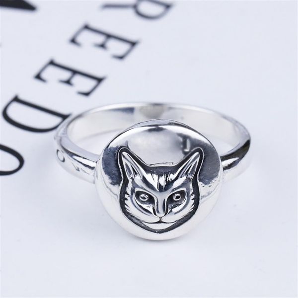 

s925 silver cat head ring vintage classic sterling silver cat face ring british style hip-hop male and female thai silver ring211g