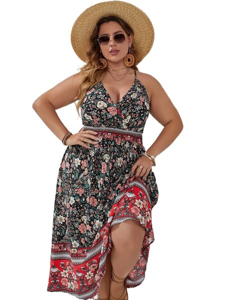 

plus floral print tie back halter dress 01gl#, Black