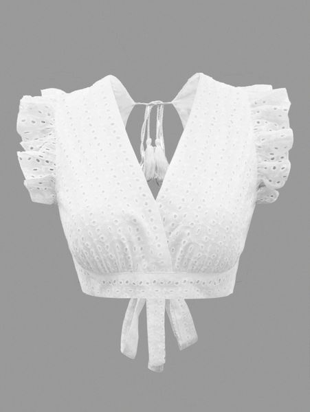 

plus ruffle sleeve tie back overlap collar schiffy blouse q8w9#, Black