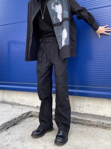 

men's pants men's pants raf simons 19aw ring buckle embroidery high street straight tube loose casual versatile nihken matching pa, Black