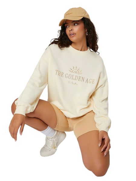 

sun & letter embroidery drop shoulder sweatshirt r5nl#, Black