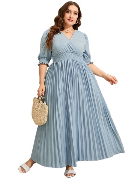 

plus surplice neck shirred waist pleated hem dress e6az#, Black