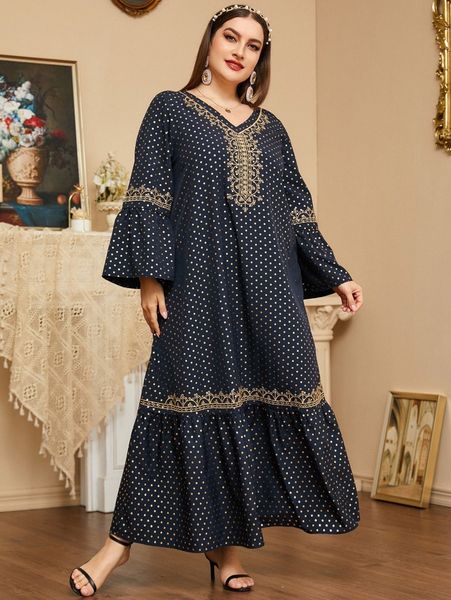 

plus gold polka dot print embroidery flounce sleeve ruffle hem dress n3jw#, Black