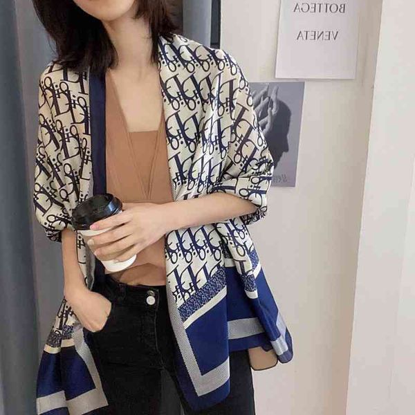 

yipe new high-grade hangzhou silk scarf women's solid color d letter mulberry silk scarf sunscreen shawl high version, Blue;gray
