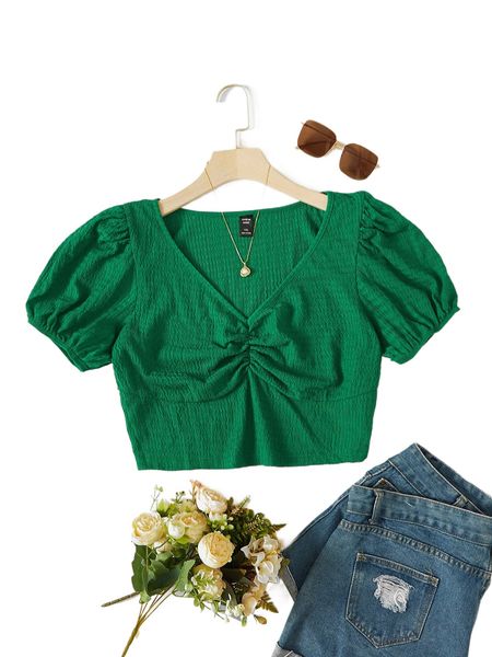 

plus ruched puff sleeve tee 23kn#, Black