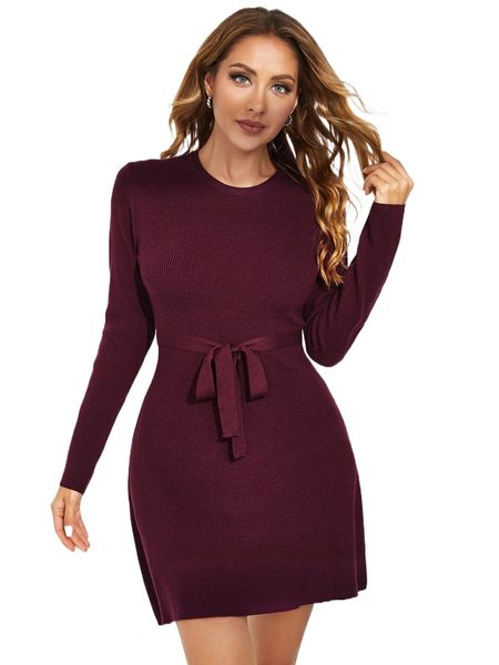 

belted ribbed knit sweater dress y1rd#, White;black