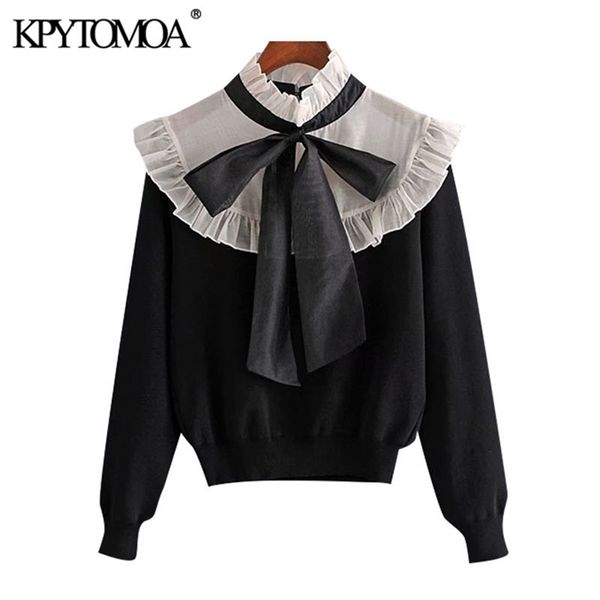 

kpytomoa women 2020 fashion organza patchwork ruffled knitted sweater vintage high collar bow tied female pullovers chic lj201124, White;black