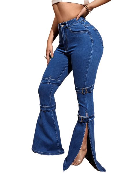 

sxy high waist buckled split hem flare leg jeans h0xk#, Blue