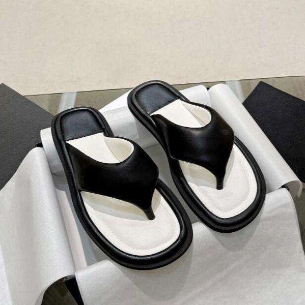 

designer sandals ss women flip-flops thick bottom square toe slippers genuine leather outsole sheepskin lining beach shoes bule with box, Black