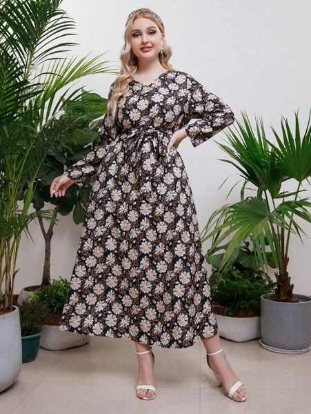 

plus allover floral print belted dress q3ph#, Black