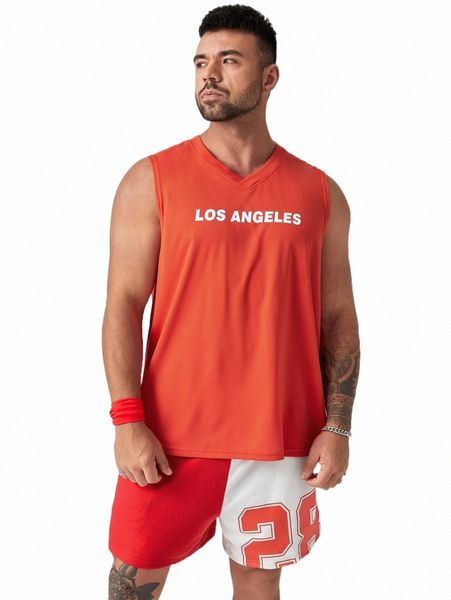 

extended sizes men letter graphic tank & shorts set 56em#, Gray