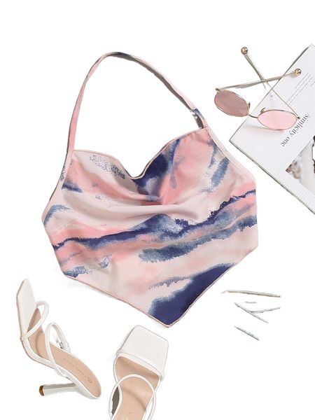 

graphic print draped tie back bandana hem halter y7bj#, White