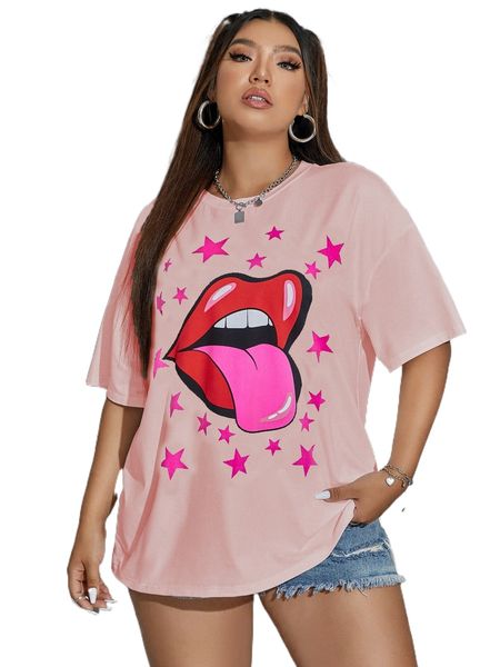 

plus lip & star print drop shoulder tee m6dd#, Black