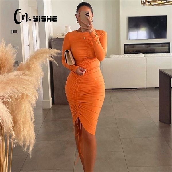 Cnyishe Осенние женщины, выходящие на одежду, модные шнурки ruched es Neon Orange O Neck Midi Vestidos 220613