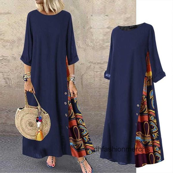 

female vintage maxi dresses for women solid neck sewing printed 3/4 sleeve side buttons loose casual long dress plus size, Black;gray