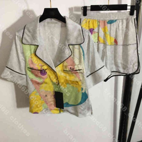 

women silk home pajamas style set pants printed fashion short sleeve shirts shorts two piece suit f..di brand designer female apparel a1, White
