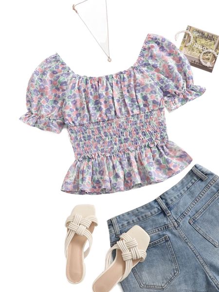 

allover floral print off shoulder shirred waist q8cd#, White