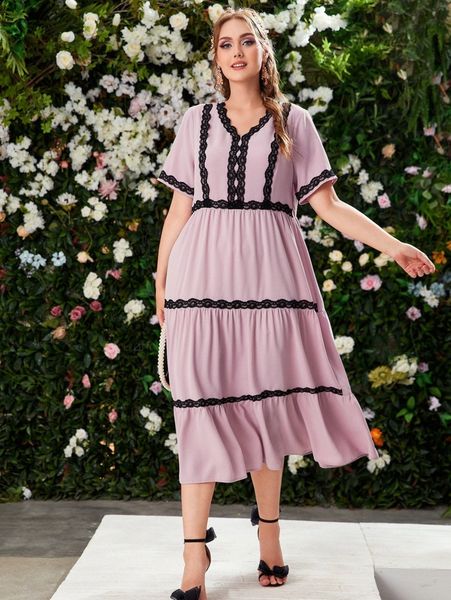 

plus lace trim flounce hem dress f1sw#, Black