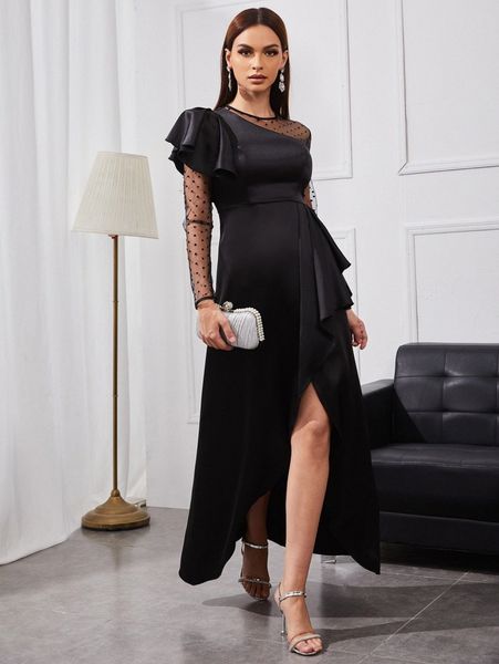 

dobby mesh panel ruffle detail split thigh satin dress u3dm#, Black;gray