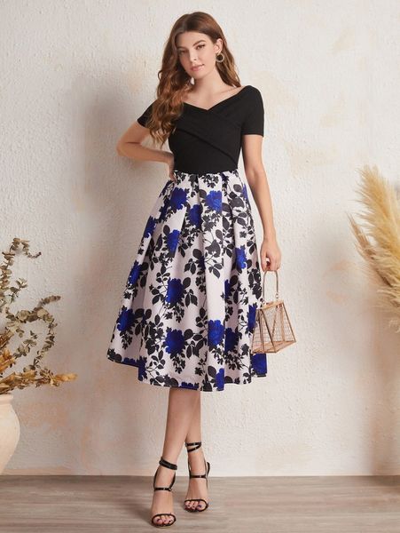 

off shoulder colorblock floral pleated hem combo dress c4bx#, Black;gray