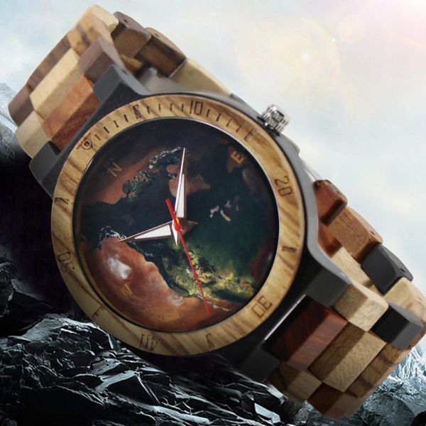 Relógios de pulso The Heavy Earth Dial Design Wood Wood para homens quartzo relógio analógico homem ajustável colorida banda colorida wrist aniversário presentewristwat