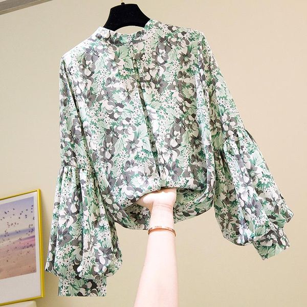 

cw002 & loose summer lantern floral chiffon women blouse women's pulls o-neck shirts sleeved outwear elegant office lady blouses 20 tj