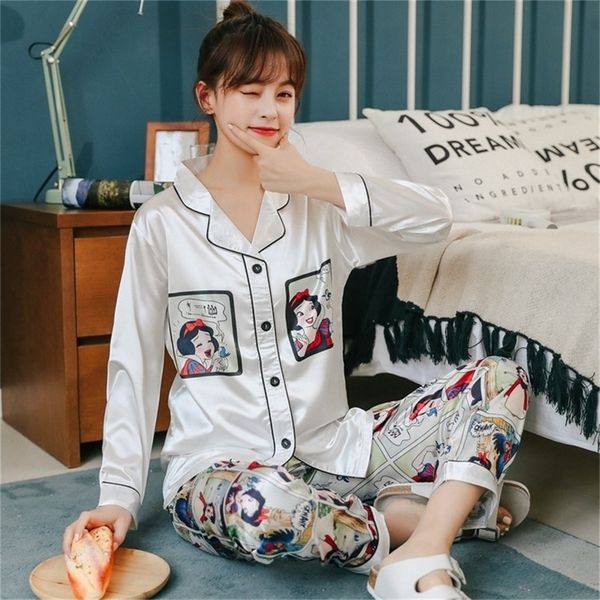 

2020 summer autumn silk satin comic print pajama sets for women long sleeve sleepwear suit pyjamas homewear pijama mujer clothes lj200814, Black;red