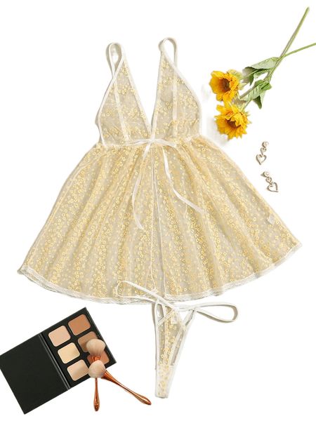 

plus ditsy floral embroidered mesh tie front slips with thong n92t#, Black;white