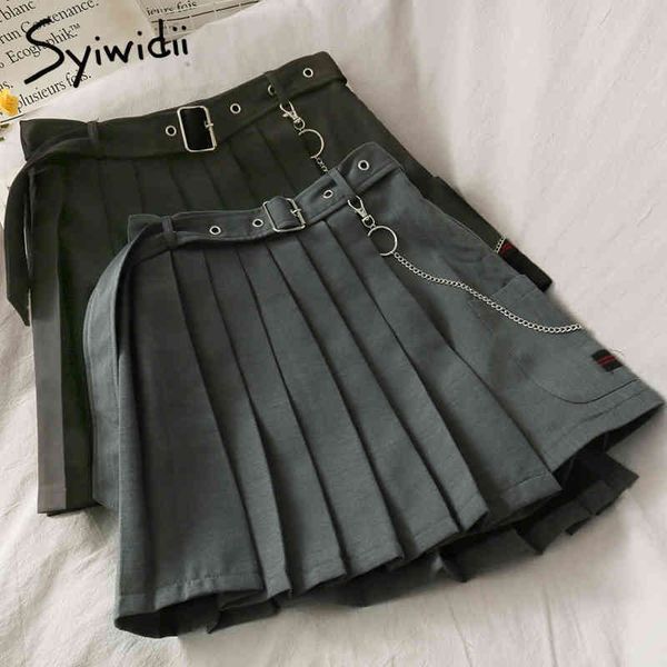 

harajuku pleated chain high waist skirt women bandage casual aline solid spring summer korean fashion mini skirts 210415, Black