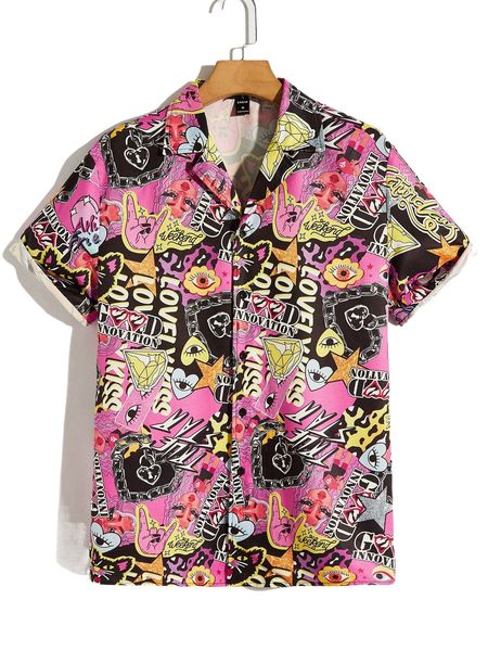

men letter graphic lapel collar shirt v01a#, White;black