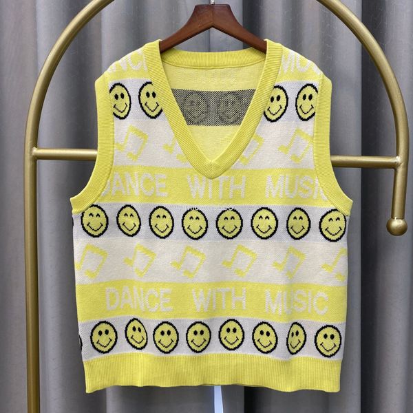 

women's vests autumn and winter v-neck knitted vest smiley face note jacquard embroidery cotton cashmere blended women's vest swea, Black;white