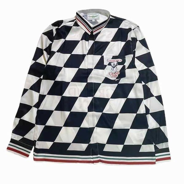 

designer casablancaschessboard gypsum like silk long sleeved shirt men and women lovers european and american style british retro korean ver, White;black