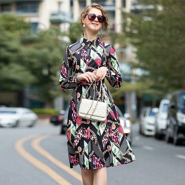 

casual dresses designer shenzhen nanyou spring and autumn abstract printing temperament elegant lapel waist closing long sleeve single breas, Black;gray