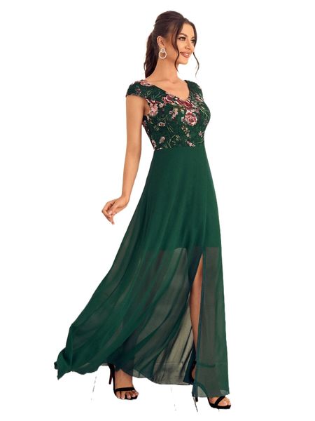 

floral print split thigh chiffon prom dress f5ca#, Black;gray