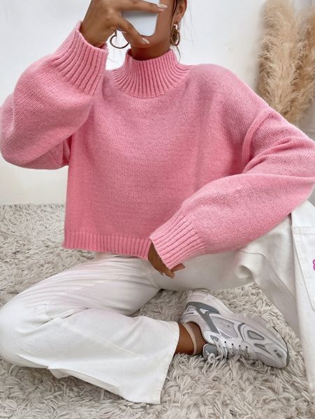 

mock neck drop shoulder sweater d2yr#, White;black