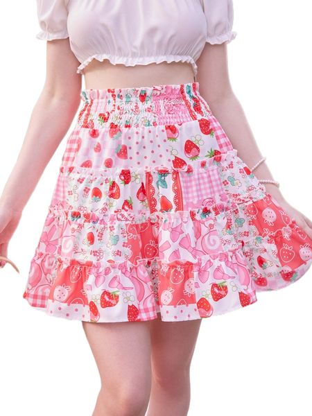 

kawaii strawberry patchwork frill shirred skirt 55cv#, Black