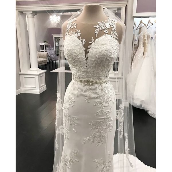 

elegant satin mermaid wedding dresses jewel crystal autumn spring country garden simple train bridal gowns, White