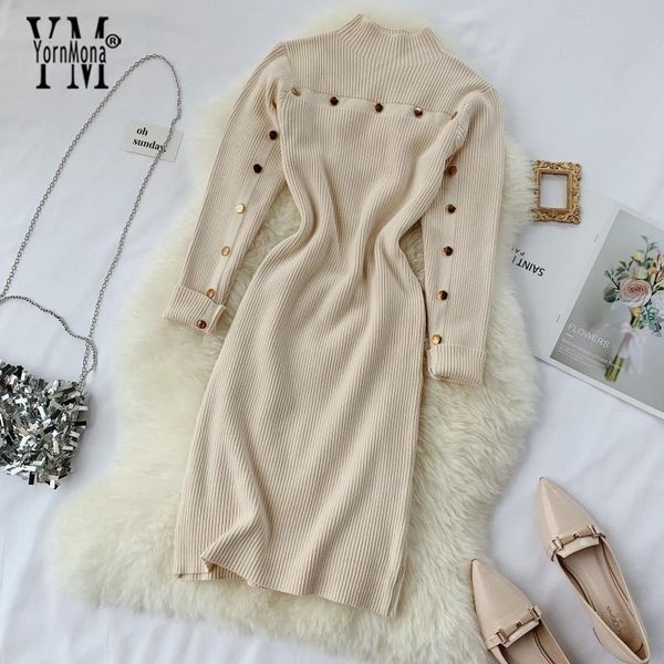 

yornmona good quality warm knitted sweater dress ins fashion buttons long sleeve autumn winter bodycon dress ladies dress y200103, White;black