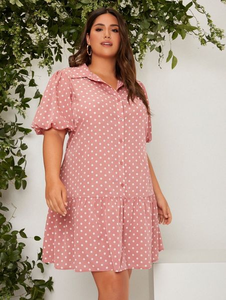 

plus polka dot print ruffle hem shirt dress 81ea#, Black