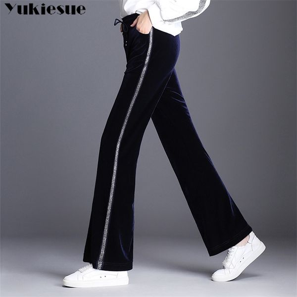 

wide leg pants for women pleuche velour high waist elastic striped patchwork ol casual long pants female trousers plus size 210412, Black;white