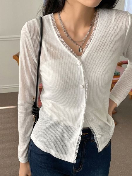 

dazy lace trim button front tee 51ui#, White