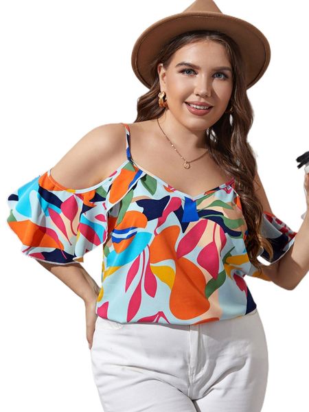 

plus plant print cold shoulder ruffle trim blouse c58n#, Black