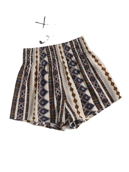 

plus geo print shirred waist shorts n6ho#, Black