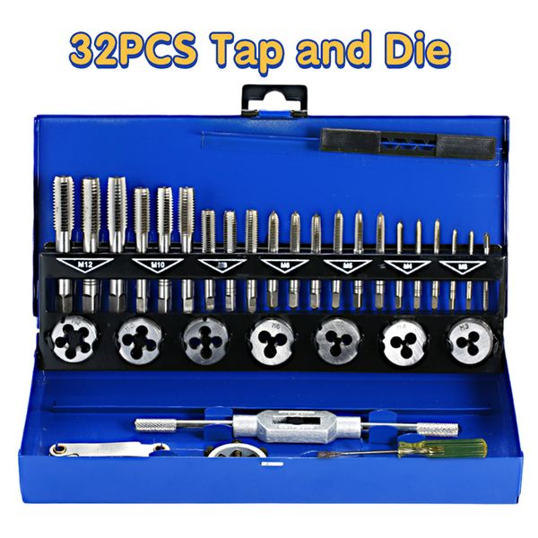 32 PCS HSS Tap and Die Set Metric Wrench Cut M3-M12 H Threading Tool Engineer Kit com caixa de metal 220428