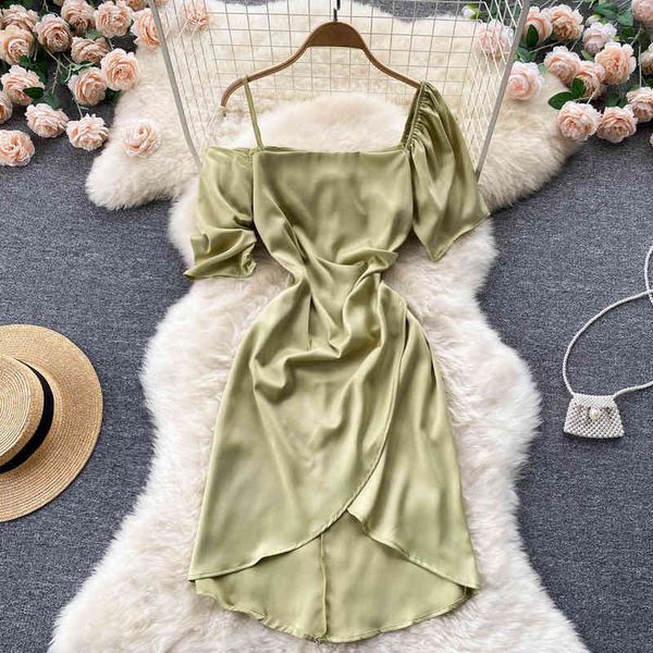 

casual dresses irregular off shoulder satin short sleeved dress 2022 summer pure thin temperament split skirt c69m, Black;gray