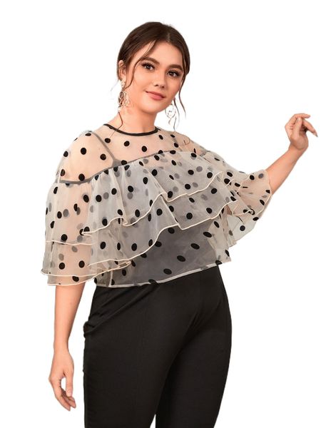 

plus dobby mesh layered detail blouse a7ft#, Black