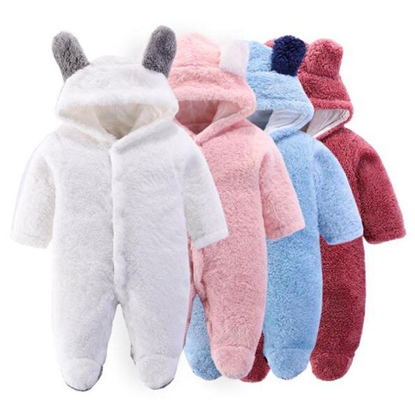 Tulumlar Varış Kış Bebek Katı Polar Ayı Kapşonlu Tulum Saf Renk Unisex Erkek Kız Giyim Giysileri Rompersjumpsuits